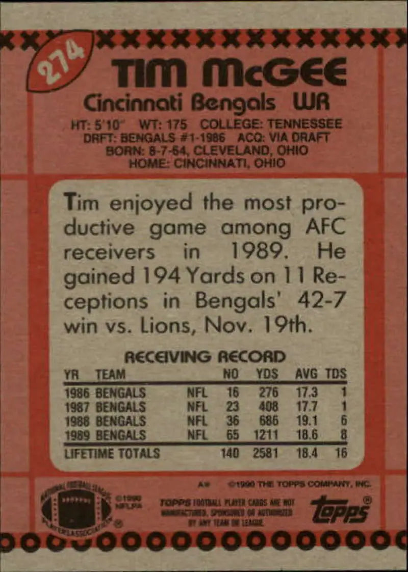 1990 Topps #274 Tim McGee EX Excellent Cincinnati Bengals Football Card - Football Card Single