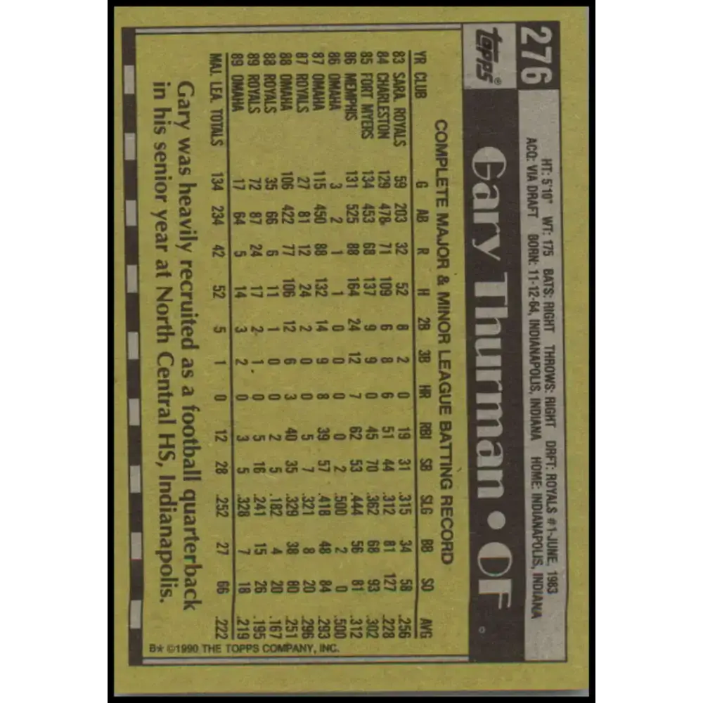 1990 Topps #276 Gary Thurman NM-MT Kansas City Royals Baseball Card - Baseball Card Single