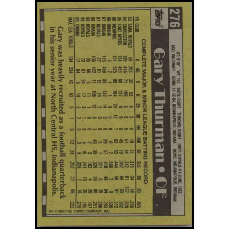 1990 Topps #276 Gary Thurman NM-MT Kansas City Royals Baseball Card - Baseball Card Single