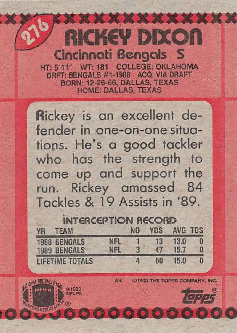 1990 Topps #276 Rickey Dixon EX Excellent RC Rookie Cincinnati Bengals Football Card - Football Card Single