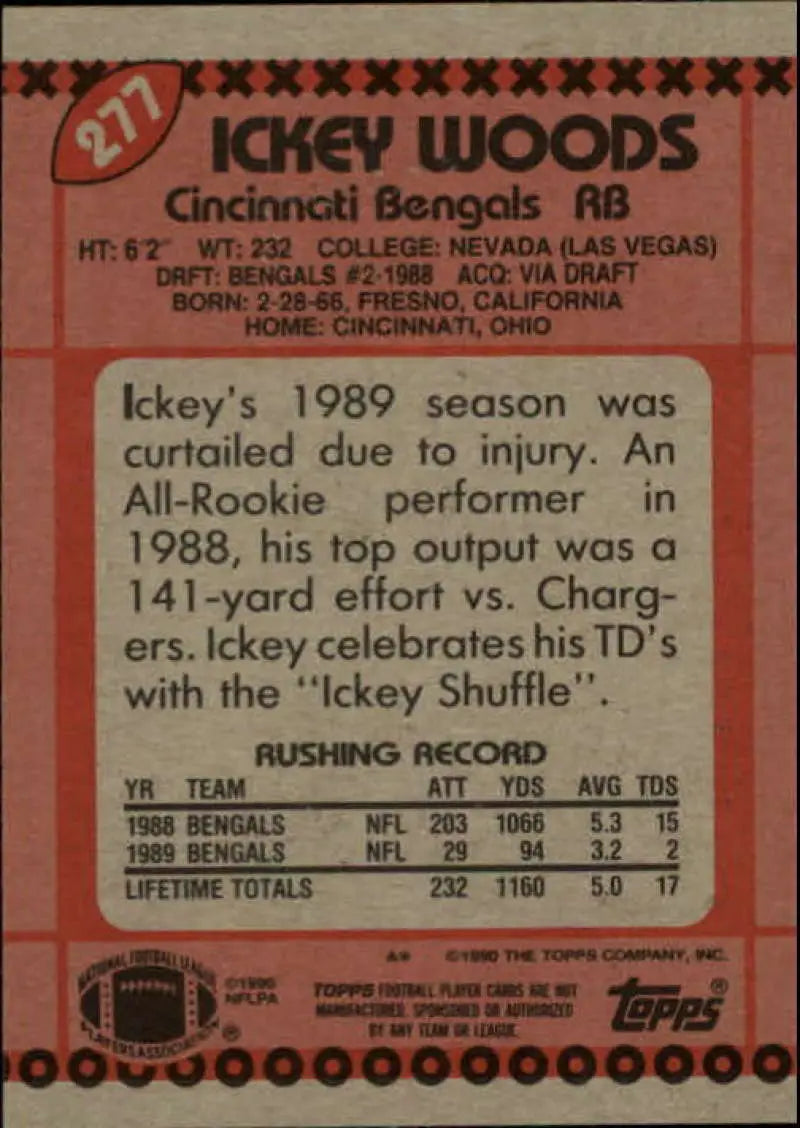 1990 Topps #277 Ickey Woods EX Excellent Cincinnati Bengals Football Card - Football Card Single
