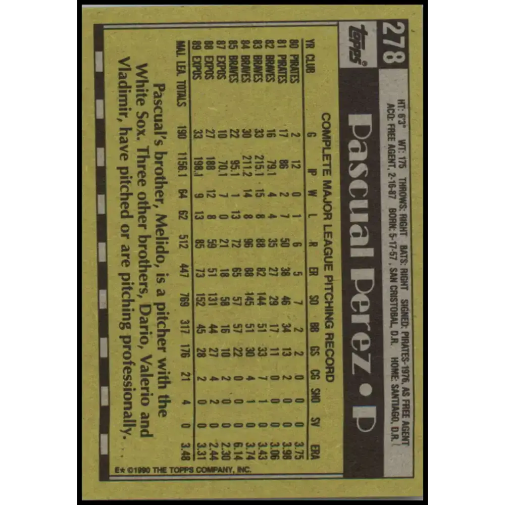 1990 Topps #278 Pascual Perez NM-MT Montreal Expos Baseball Card - Baseball Card Single