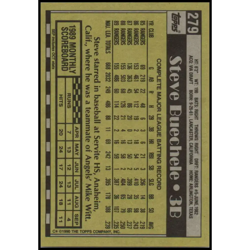 1990 Topps #279 Steve Buechele NM-MT Texas Rangers Baseball Card - Baseball Card Single