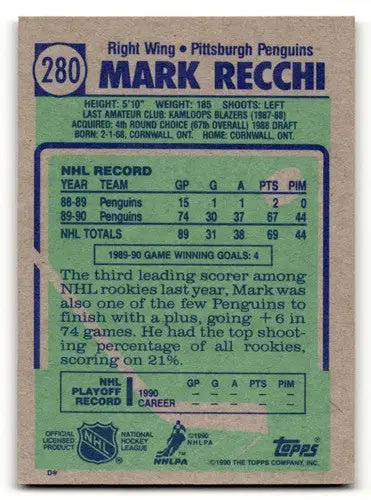 1990 Topps #280 Mark Recchi Pittsburgh Penguins Hockey Cards NM Near ID:55534 - Hockey Card Single