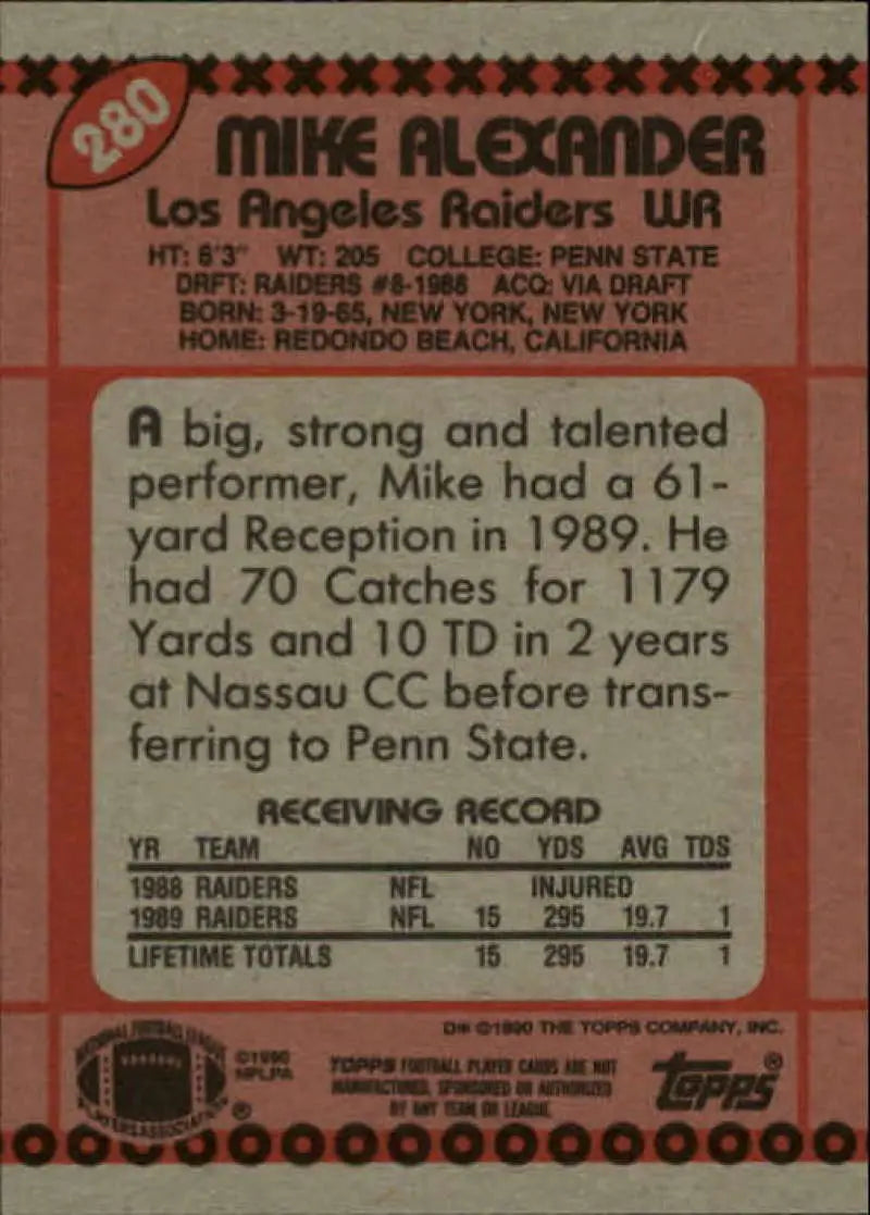 1990 Topps #280 Mike Alexander EX Excellent Los Angeles Raiders Football Card - Football Card Single