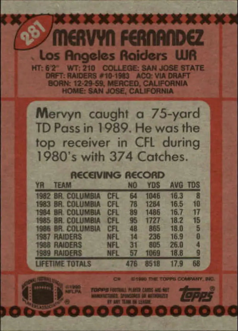 1990 Topps #281 Mervyn Fernandez EX Excellent Los Angeles Raiders Football Card - Football Card Single