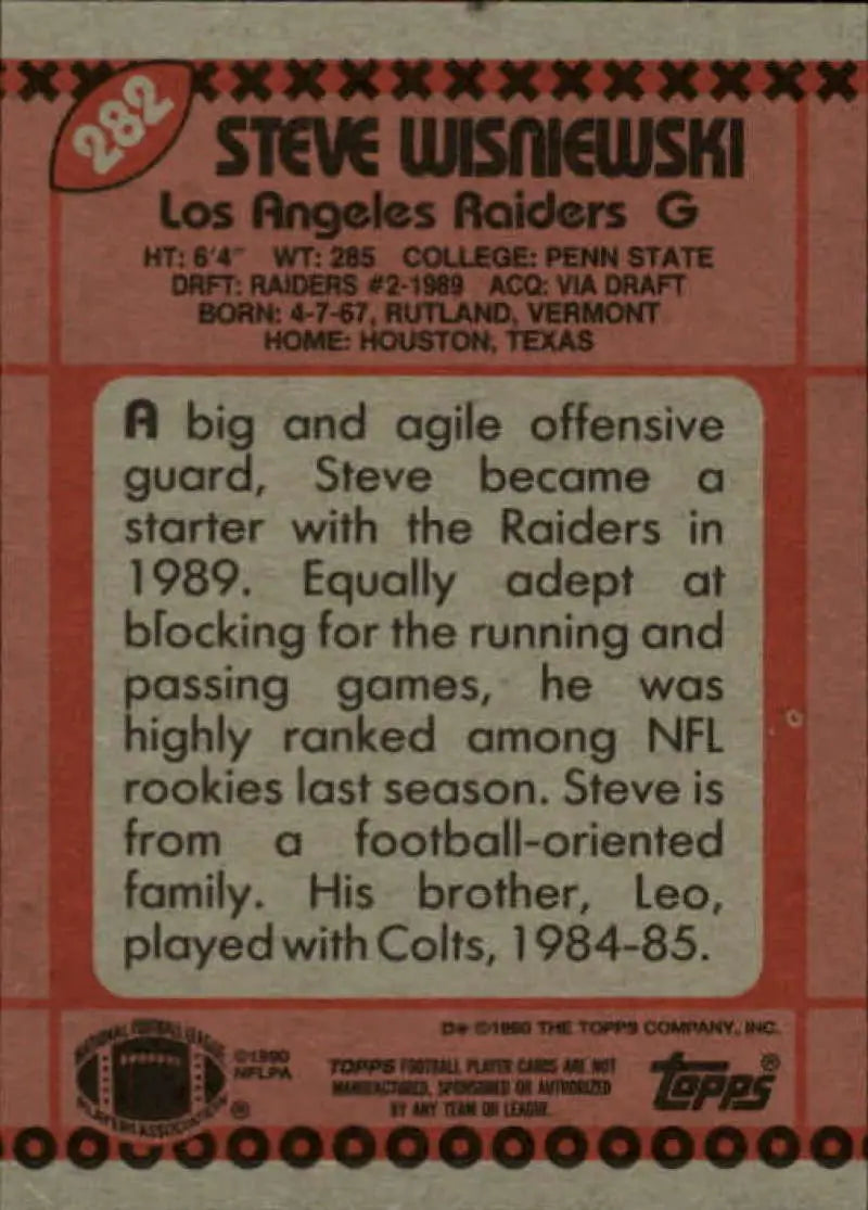 1990 Topps #282 Steve Wisniewski EX Excellent Los Angeles Raiders Football Card - Football Card Single