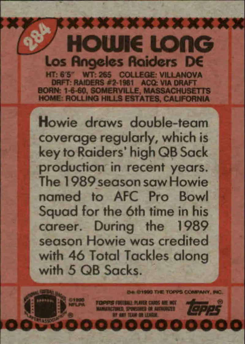 1990 Topps #284 Howie Long EX Excellent Los Angeles Raiders Football Card - Football Card Single