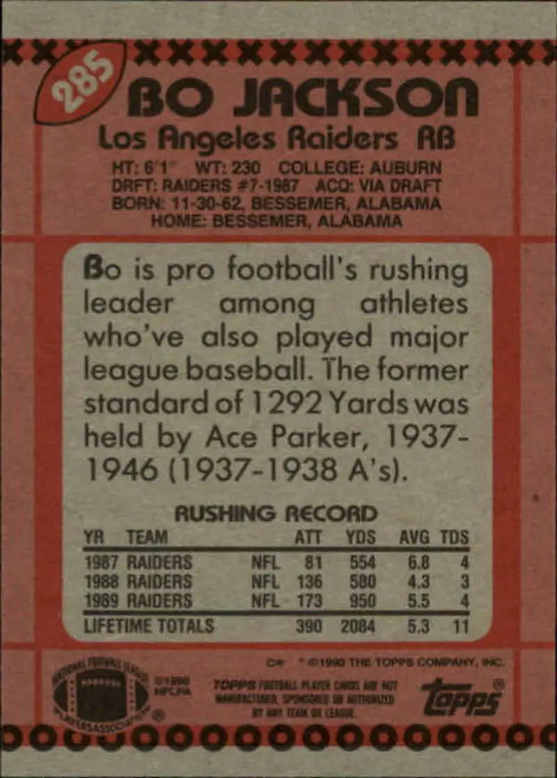 1990 Topps #285 Bo Jackson EX Excellent Los Angeles Raiders Football Card - Football Card Single