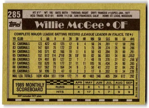 1990 Topps #285 Willie McGee EX/NM Cardinals ID:43448 - Baseball Card Single