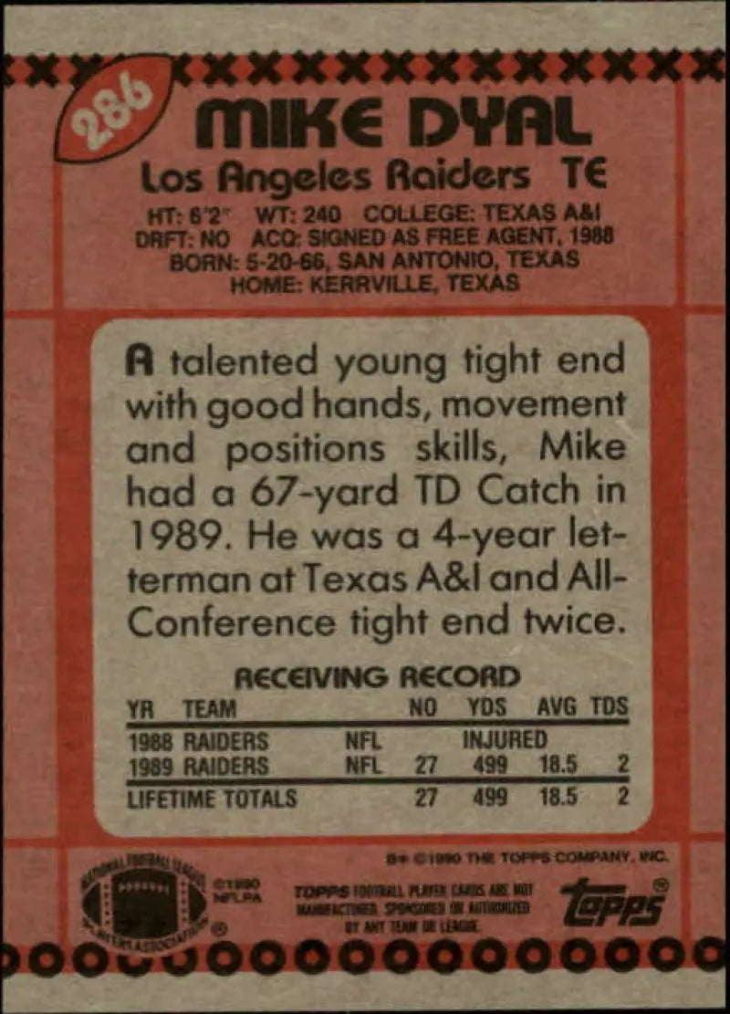 1990 Topps #286 Mike Dyal EX Excellent RC Rookie Los Angeles Raiders Football Card - Football Card Single