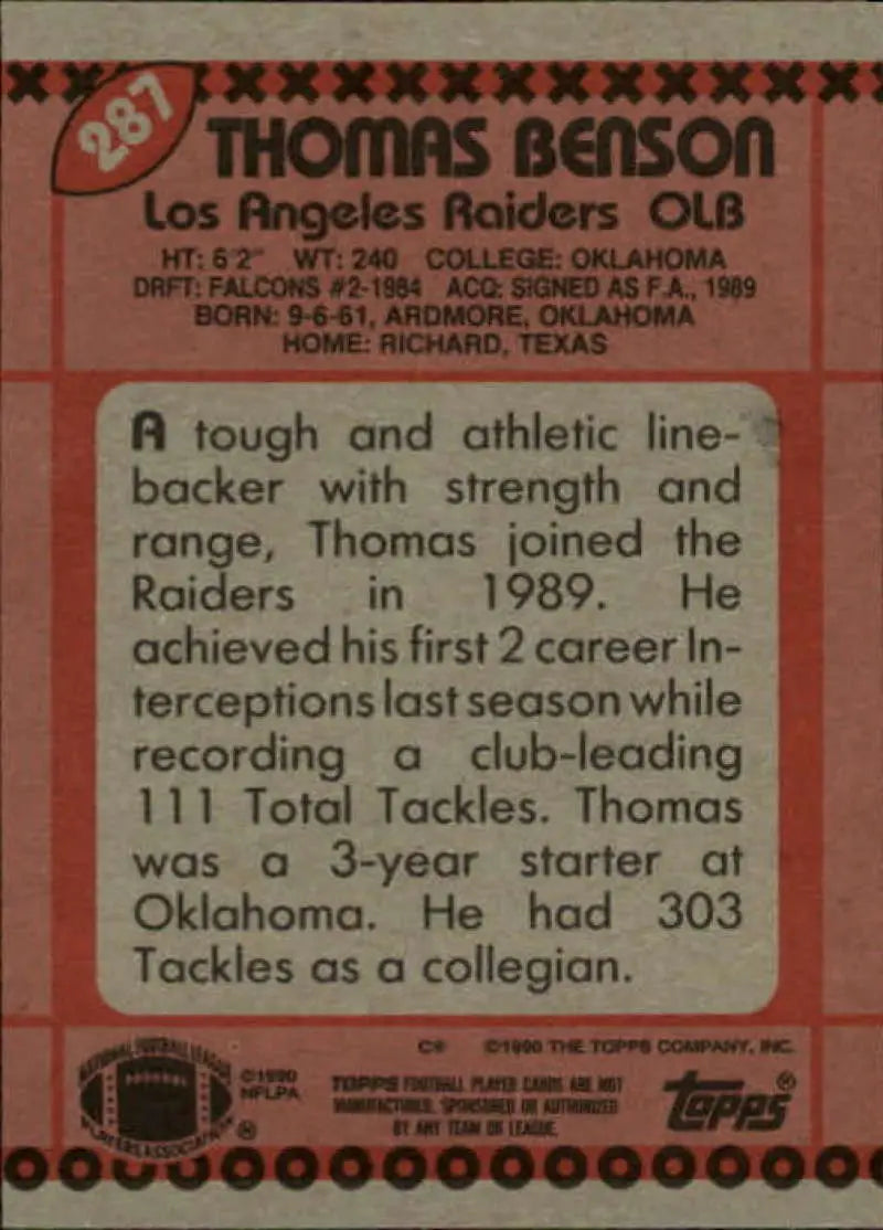 1990 Topps #287 Thomas Benson EX Excellent RC Rookie Los Angeles Raiders Football Card - Football Card Single