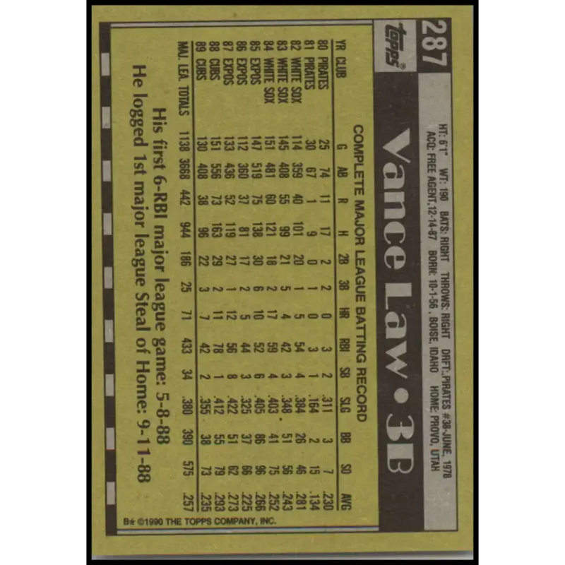 1990 Topps #287 Vance Law NM-MT Chicago Cubs Baseball Card - Baseball Card Single