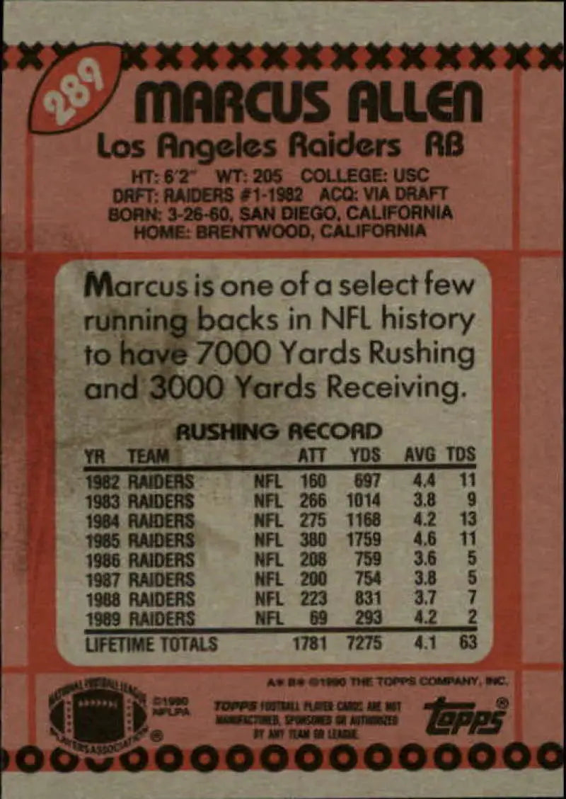 1990 Topps #289 Marcus Allen EX Excellent Los Angeles Raiders Football Card - Football Card Single