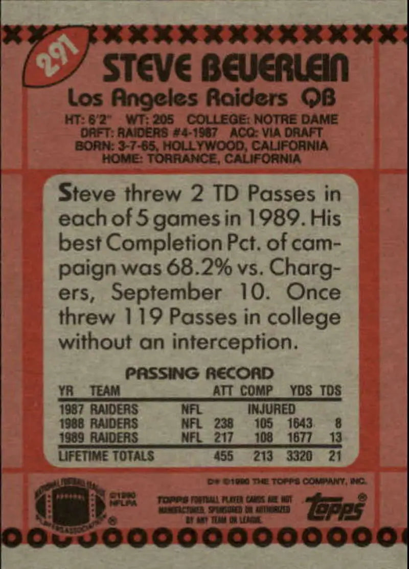 1990 Topps #291 Steve Beuerlein EX Excellent Los Angeles Raiders Football Card - Football Card Single