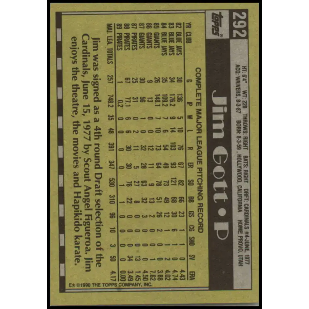 1990 Topps #292 Jim Gott NM-MT Pittsburgh Pirates Baseball Card - Baseball Card Single
