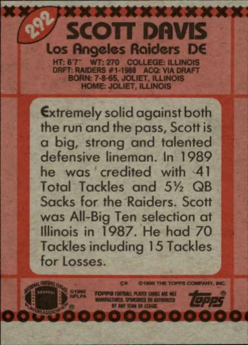 1990 Topps #292 Scott Davis EX Excellent Los Angeles Raiders Football Card - Football Card Single