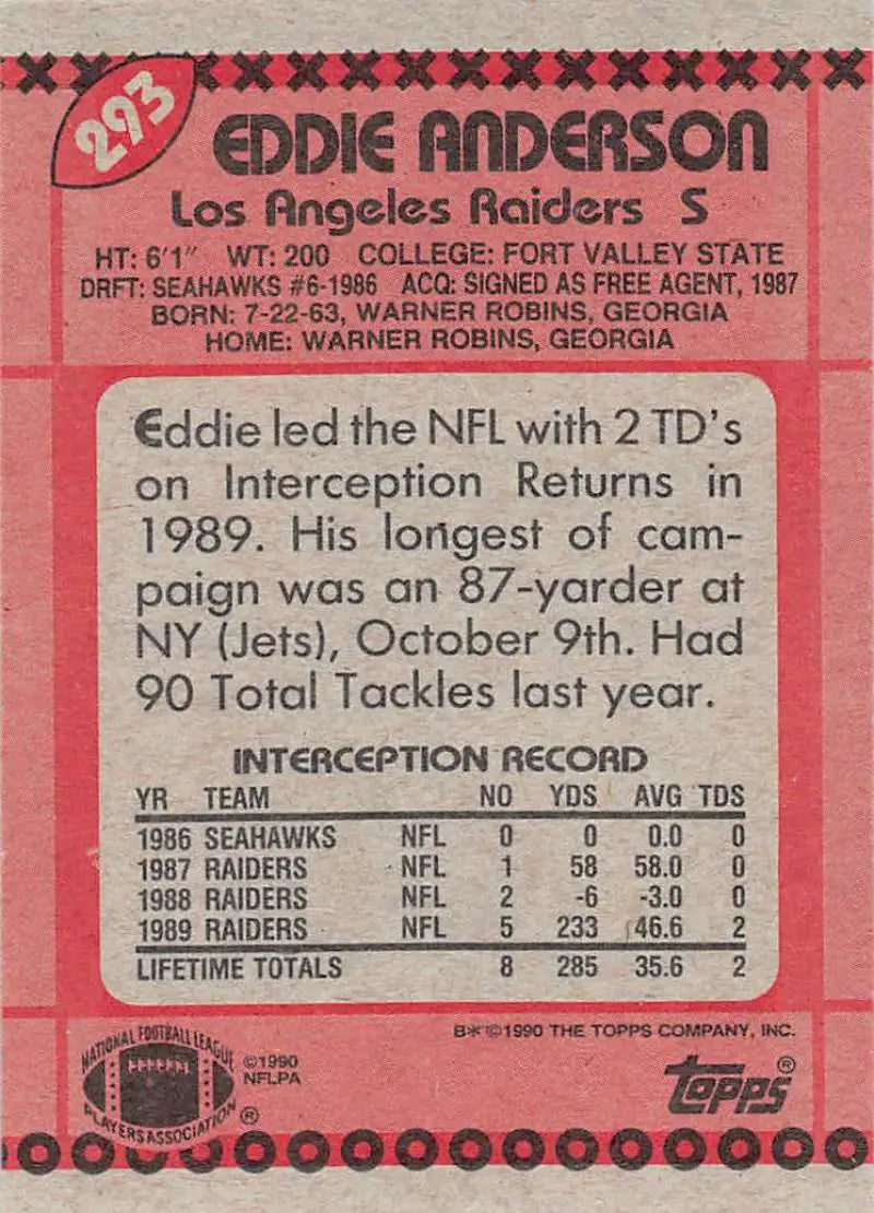 1990 Topps #293 Eddie Anderson EX Excellent RC Rookie Los Angeles Raiders Football Card - Football Card Single