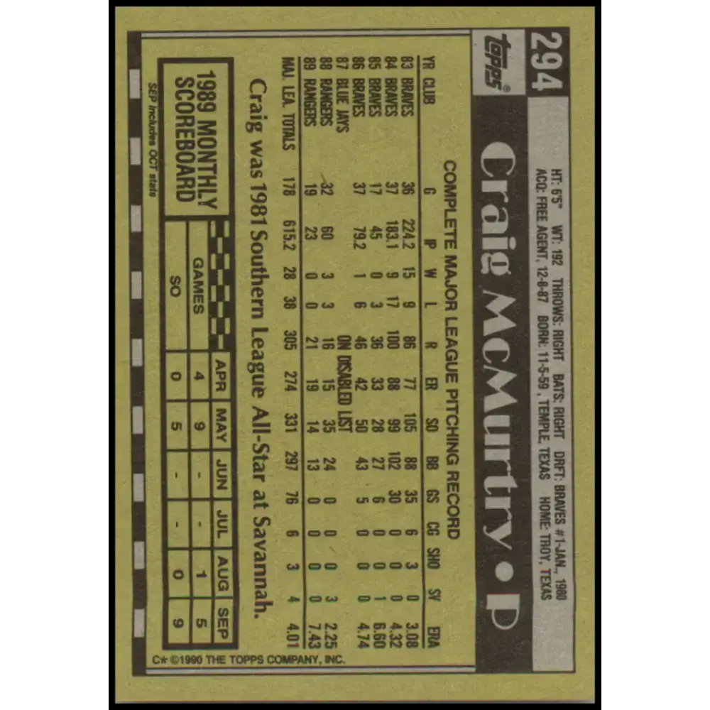 1990 Topps #294 Craig McMurtry NM-MT Texas Rangers Baseball Card - Baseball Card Single
