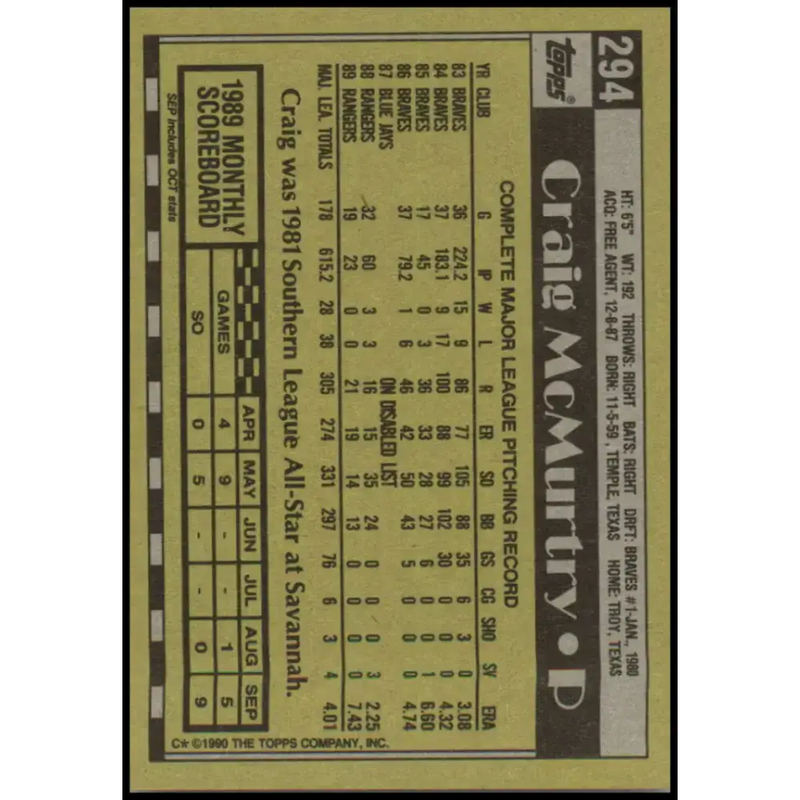 1990 Topps #294 Craig McMurtry NM-MT Texas Rangers Baseball Card - Baseball Card Single