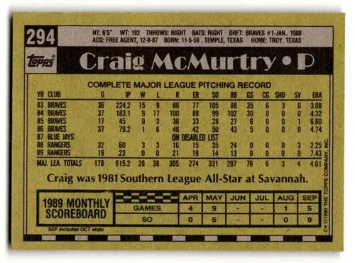 Craig McMurtry Texas Rangers baseball card back from 1990 Topps #294, EX/NM condition