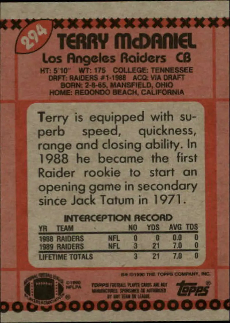 1990 Topps #294 Terry McDaniel EX Excellent Los Angeles Raiders Football Card