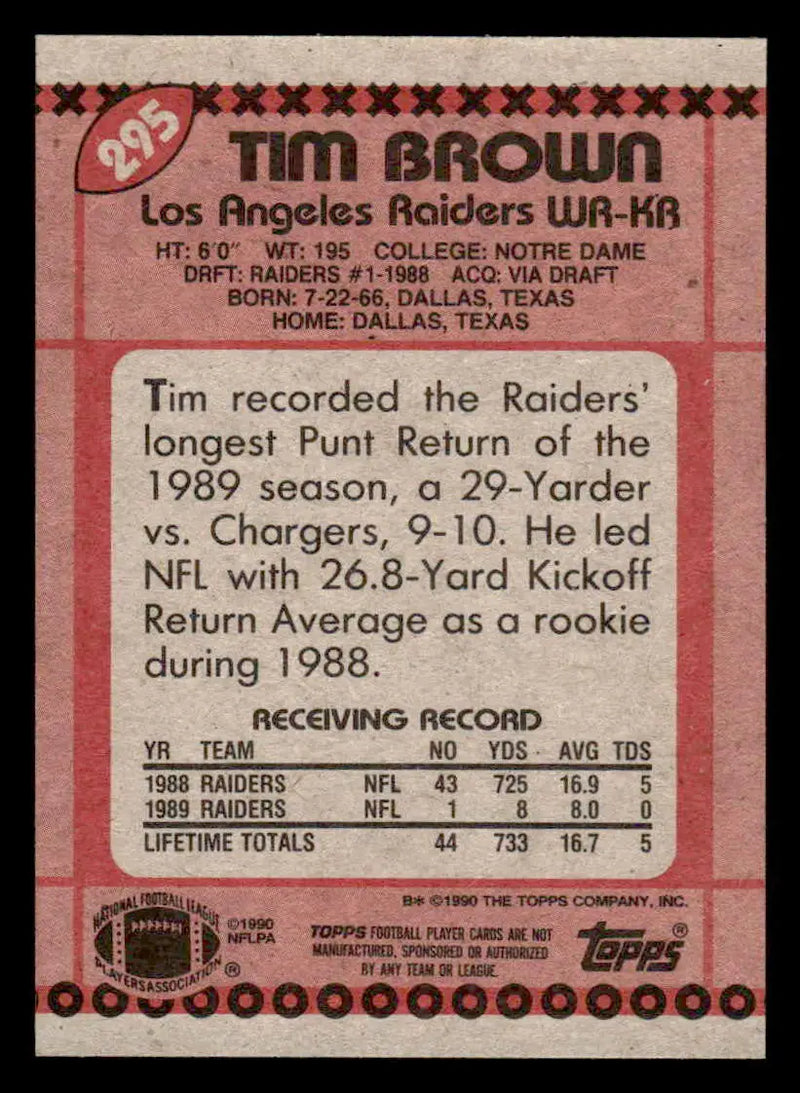 1990 Topps #295 Tim Brown - Football Card Single