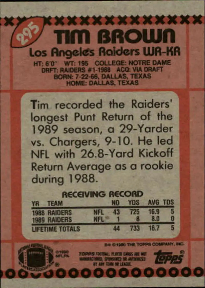 1990 Topps #295 Tim Brown EX Excellent Los Angeles Raiders Football Card - Football Card Single