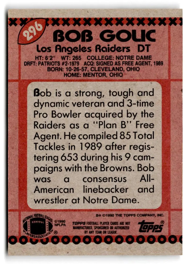 1990 Topps #296b Bob Golic - Football Card Single