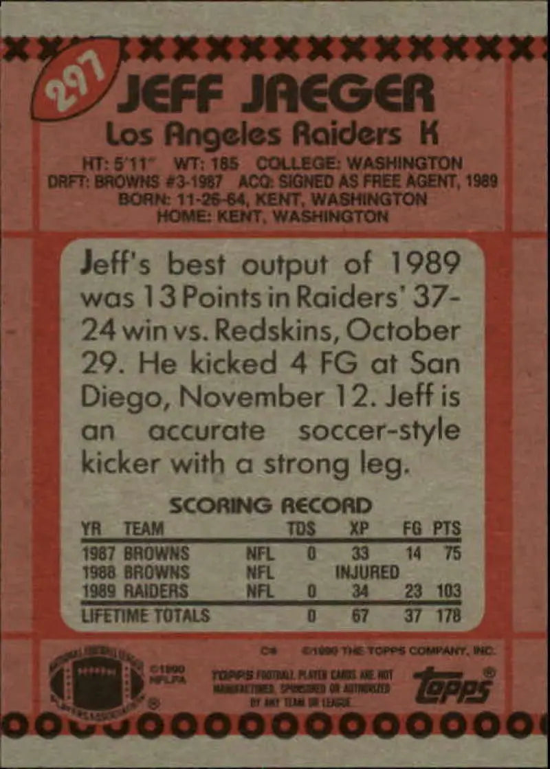 1990 Topps #297 Jeff Jaeger EX Excellent RC Rookie Los Angeles Raiders Football Card - Football Card Single