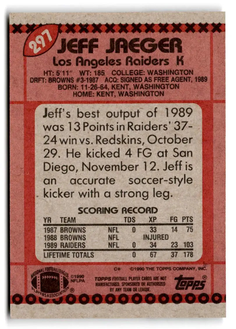 1990 Topps #297b Jeff Jaeger - Football Card Single