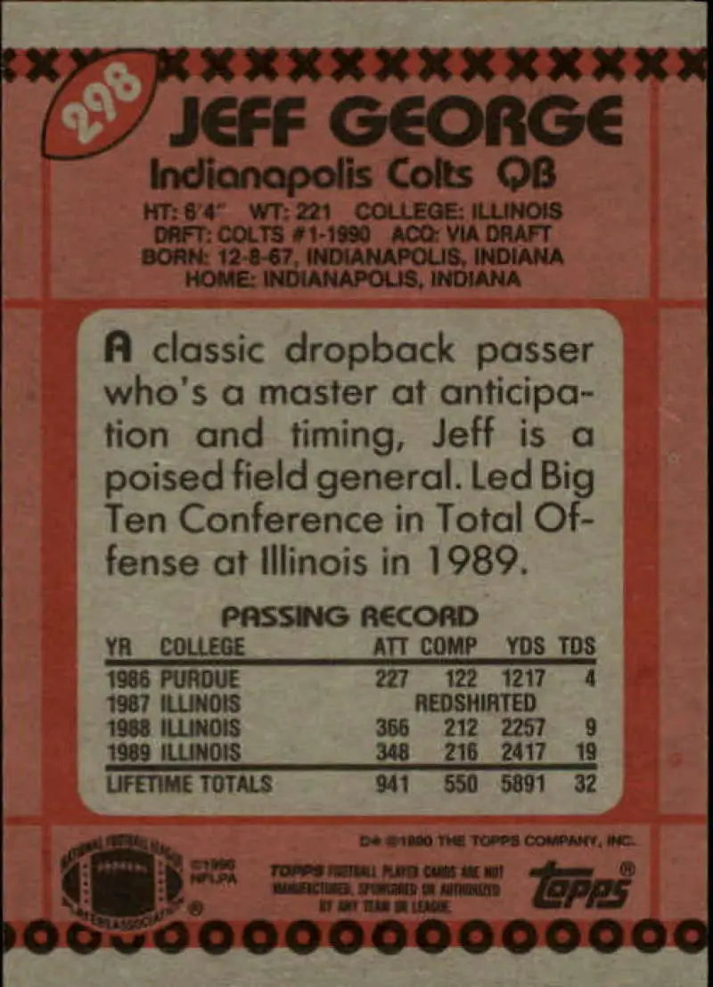 1990 Topps #298 Jeff George EX Excellent RC Rookie Indianapolis Colts Football Card - Football Card Single