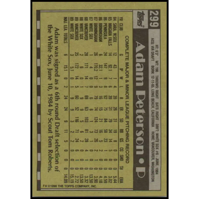 1990 Topps #299 Adam Peterson NM-MT Chicago White Sox Baseball Card - Baseball Card Single