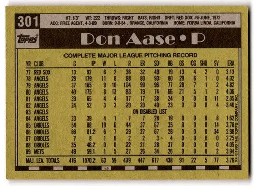 1990 Topps #301 Don Aase EX/NM Mets ID:43466 - Baseball Card Single