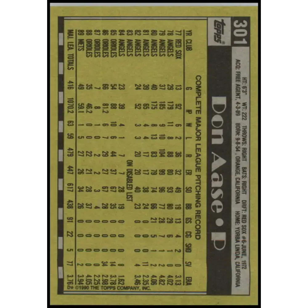 1990 Topps #301 Don Aase NM-MT New York Mets Baseball Card - Baseball Card Single