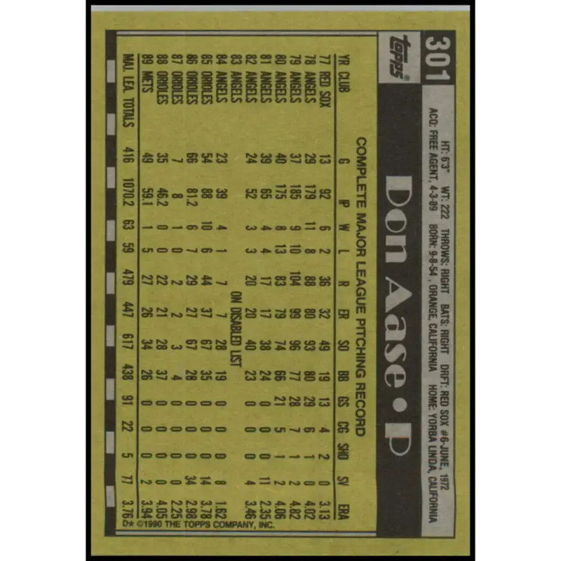 1990 Topps #301 Don Aase NM-MT New York Mets Baseball Card - Baseball Card Single