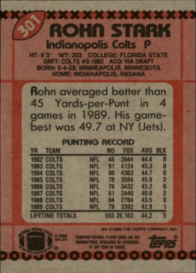 1990 Topps #301 Rohn Stark EX Excellent Indianapolis Colts Football Card - Football Card Single