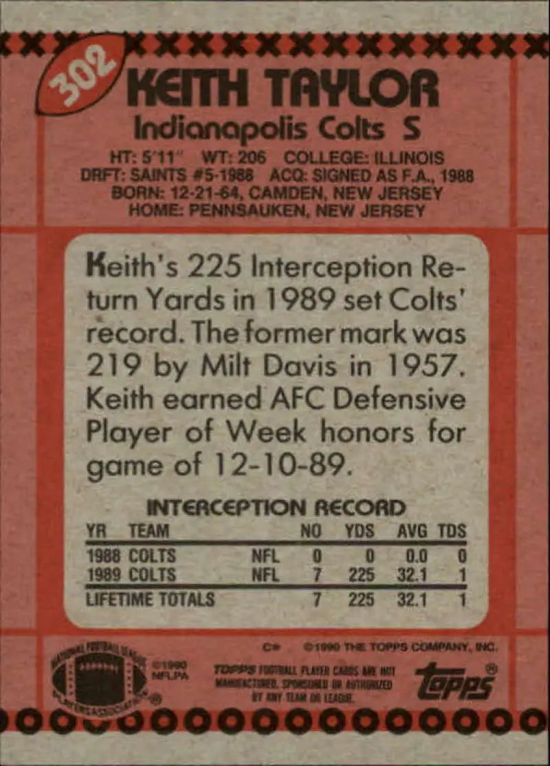1990 Topps #302 Keith Taylor EX Excellent Indianapolis Colts Football Card - Football Card Single