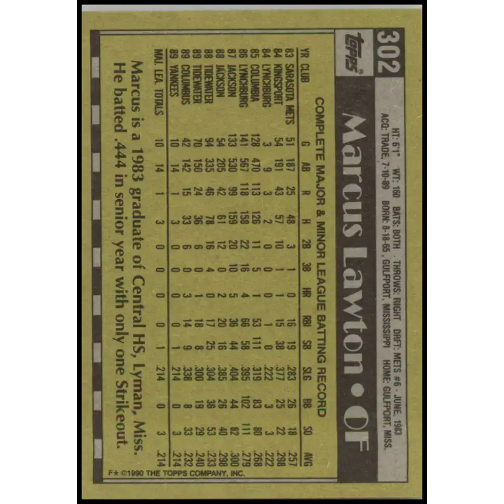 1990 Topps #302 Marcus Lawton NM-MT RC Rookie New York Yankees Baseball Card - Baseball Card Single
