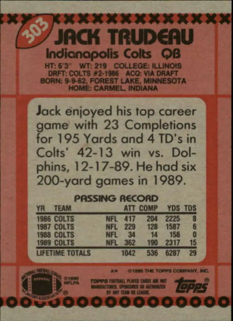 1990 Topps #303 Jack Trudeau EX Excellent Indianapolis Colts Football Card - Football Card Single