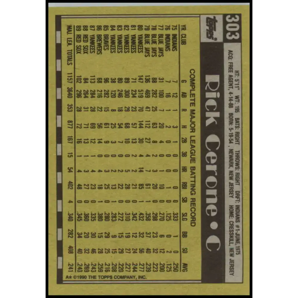 1990 Topps #303 Rick Cerone NM-MT Boston Red Sox Baseball Card - Baseball Card Single
