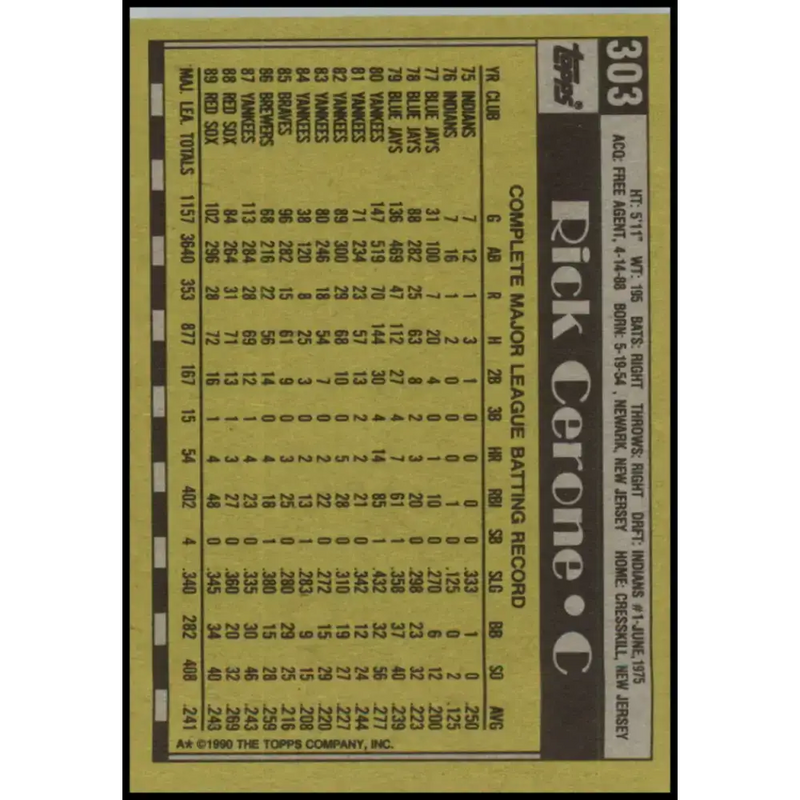 1990 Topps #303 Rick Cerone NM-MT Boston Red Sox Baseball Card - Baseball Card Single