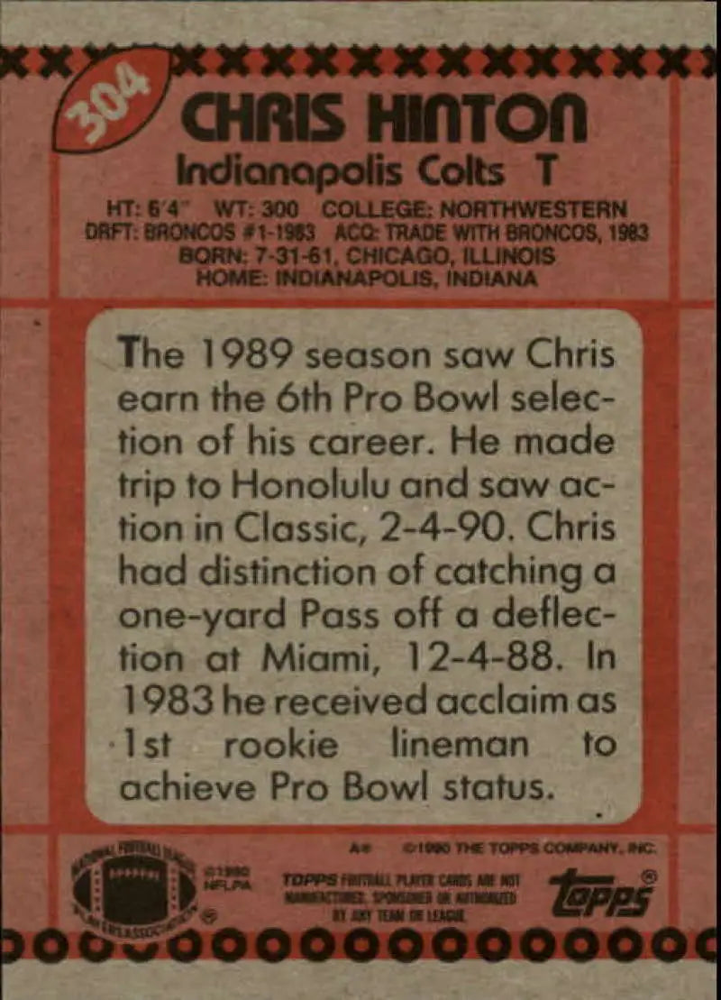 1990 Topps #304 Chris Hinton EX Excellent Indianapolis Colts Football Card - Football Card Single