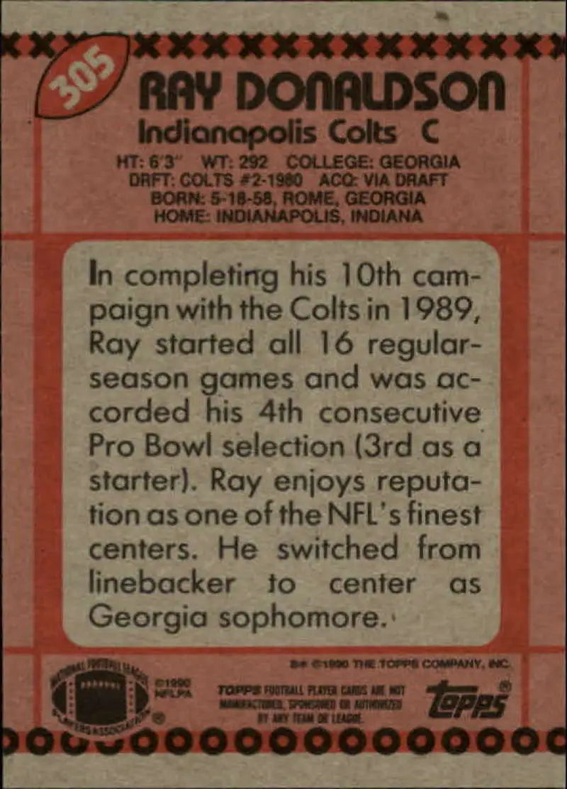 1990 Topps #305 Ray Donaldson EX Excellent Indianapolis Colts Football Card - Football Card Single