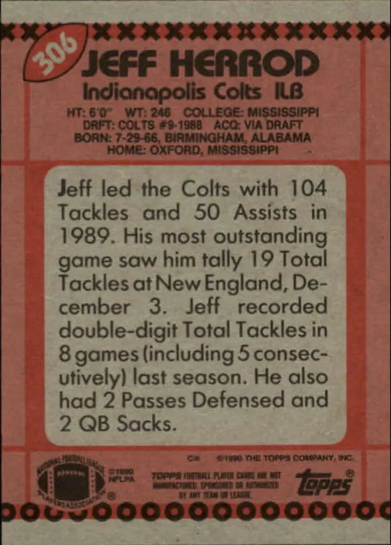 1990 Topps #306 Jeff Herrod EX Excellent RC Rookie Indianapolis Colts Football Card