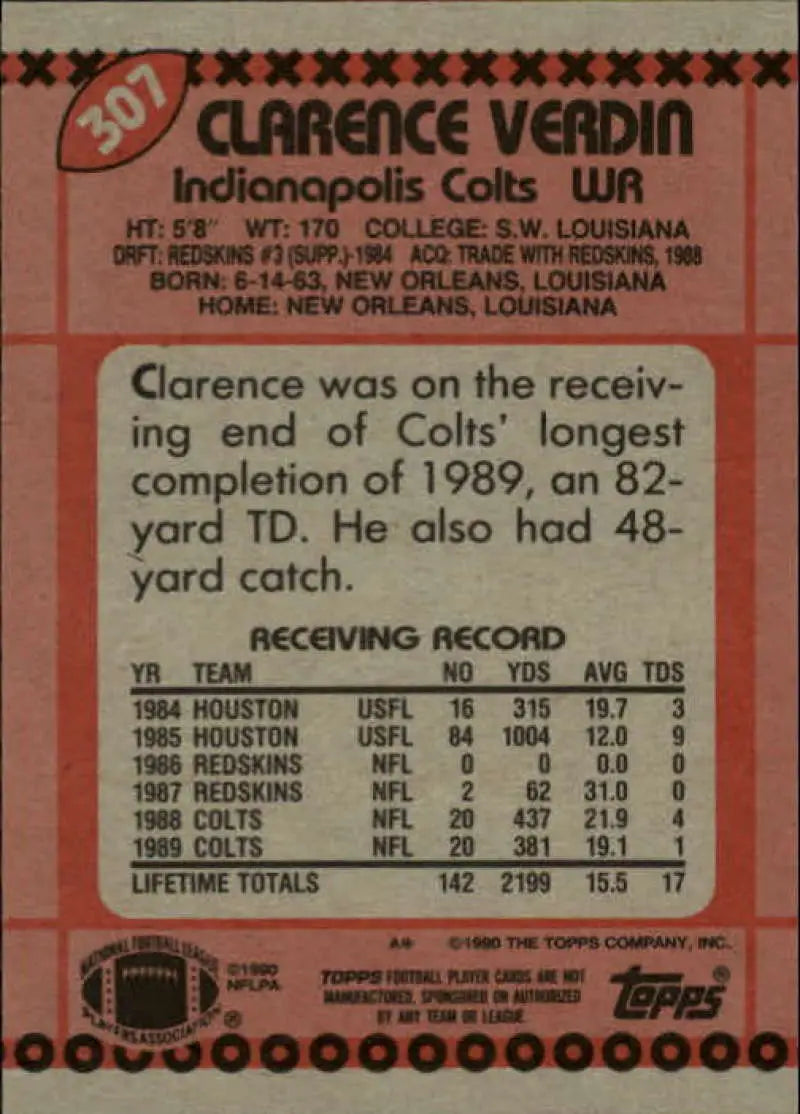 1990 Topps #307 Clarence Verdin EX Excellent Indianapolis Colts Football Card - Football Card Single