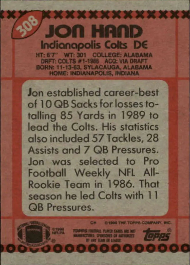 1990 Topps #308 Jon Hand EX Excellent Indianapolis Colts Football Card - Football Card Single