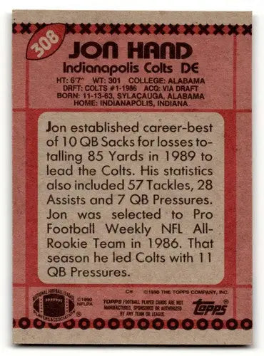 1990 Topps #308 Jon Hand Indianapolis Colts Football Cards ID:60295 - Football Card Single