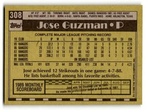 1990 Topps #308 Jose Guzman Texas Rangers Baseball Cards EX/NM ID:53733 - Baseball Card Single