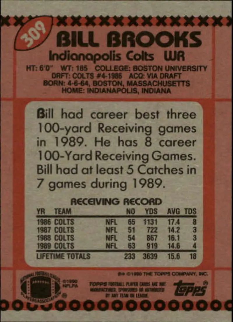 1990 Topps #309 Bill Brooks EX Excellent Indianapolis Colts Football Card - Football Card Single